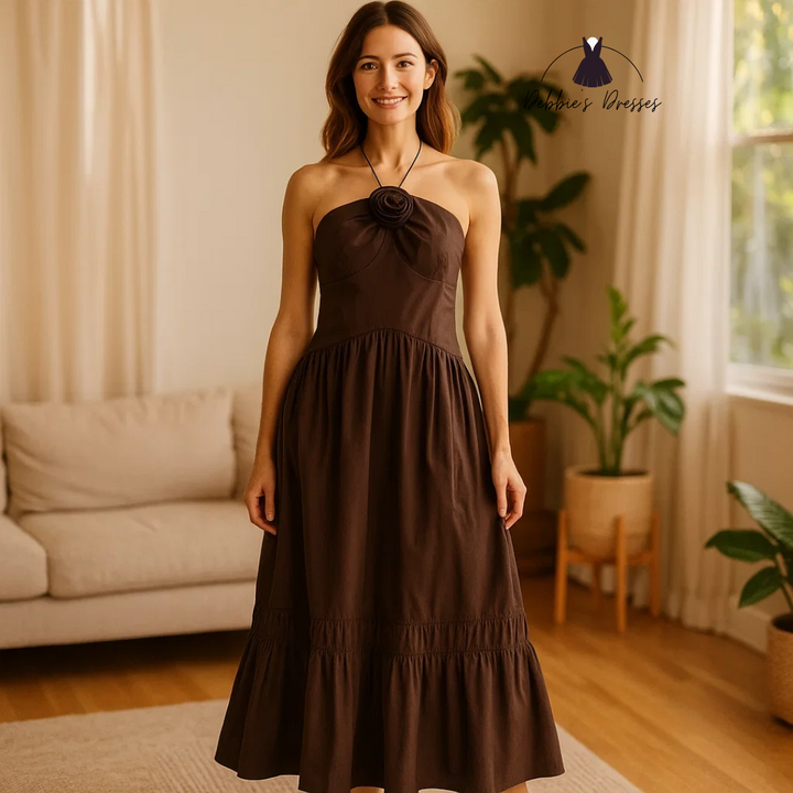 Jackie - Rose Detail Halter Dress